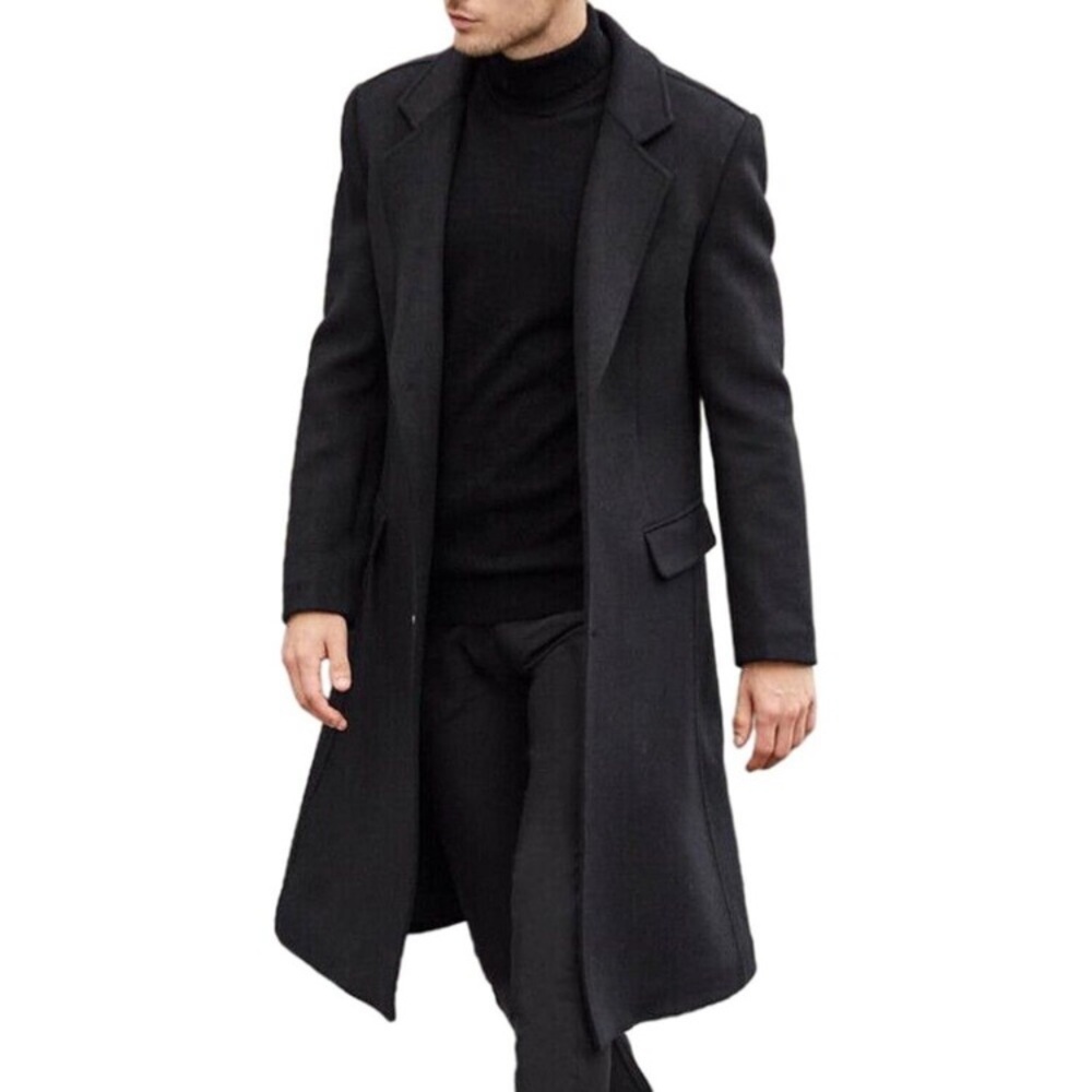 Men's Black Slim Fit Notched Collar Long Casual Trench Coat with Pocket